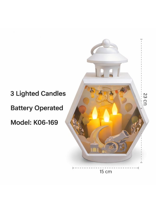 White Acrylic Ramadan Lantern 23 Cm – 3 Led Candles – Shelf & Hanging Use – Model K06-169 - Image 1